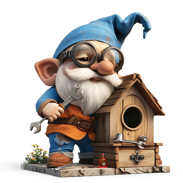 Photo funny gnome with wrench building birdhouse