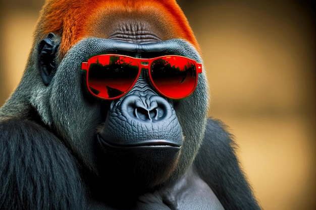 Funny gorilla with smiling face in red sunglasses