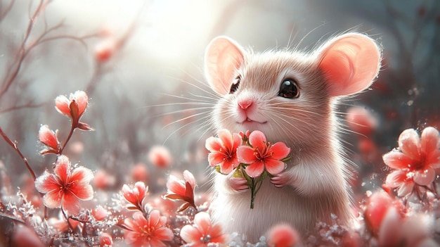 Photo funny gray mouse surrounded by pink flowers