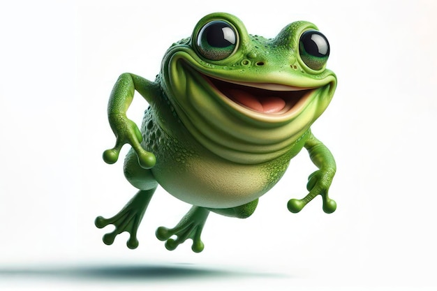 A funny green toad with bulging big eyes and a smile jumps in flight on solid white background