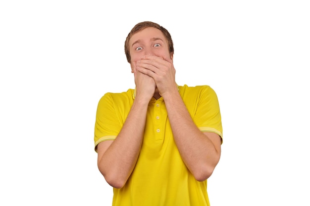 Funny guy loudly laughing out loud covering mouth with hands isolated on white background