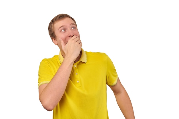 Funny guy loudly laughing out loud covering mouth with hands isolated on white background