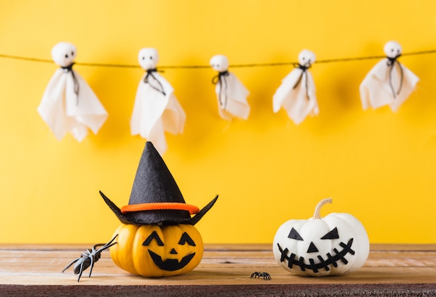 Funny Halloween day decoration party cute ghost crafts scary face hanging and pumpkin head smile