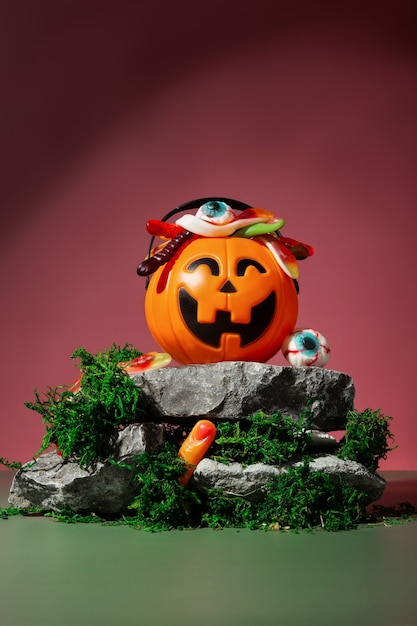 Funny Halloween scenery. Trick or treat. Pumpkin Jack filled with various creepy sweets stands on stones and moss