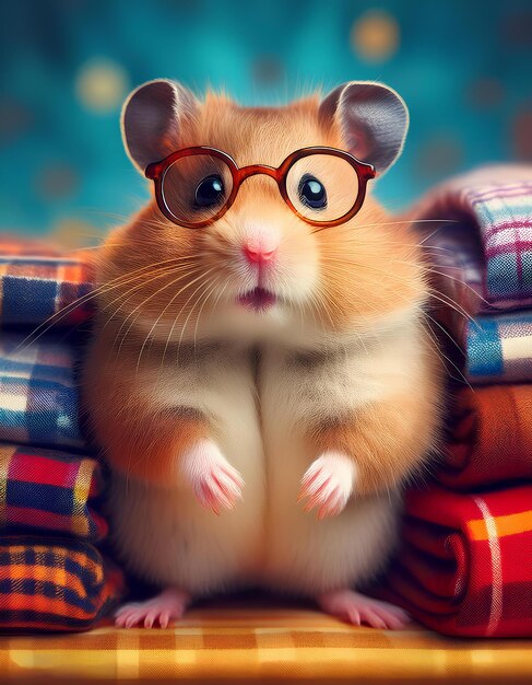 Photo funny hamster with glasses and plaid on blur background