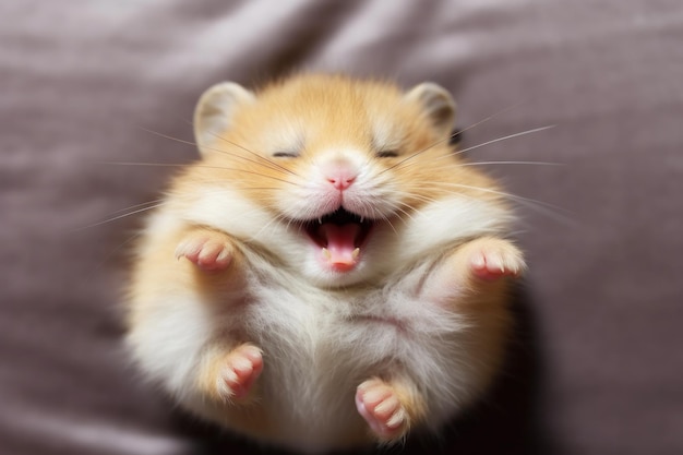 Photo funny hamster with stuffed cheeks smiling on the bed shot with a wideangle lens