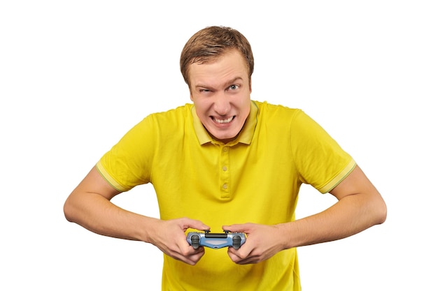 Funny handsome gamer with gamepad excited video game player isolated on white background