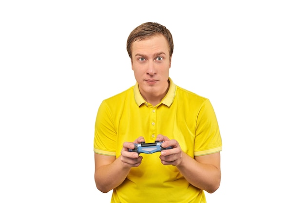 Funny handsome gamer with gamepad excited video game player isolated on white background