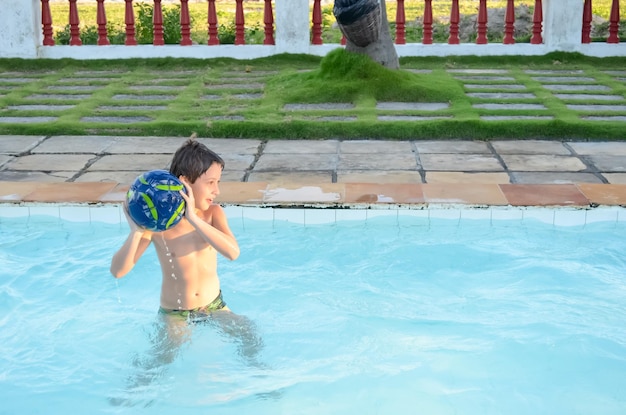 Funny happy boy playing with a ball in the pool Vacation