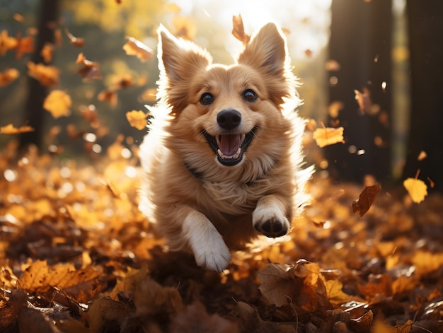 Funny happy cute dog puppy running smiling in the leaves Golden autumn fall background Generative ai