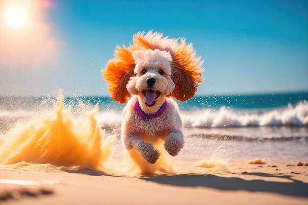 Funny happy poodle runs along the sea sandy beach ai generative