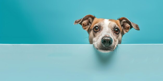 Photo funny and happy puppy dog peeking out from behind a blue banner