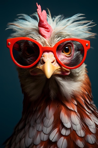 Funny hen wearing sunglasses