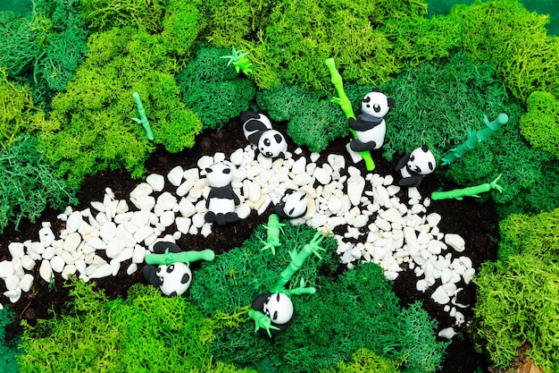 Funny homemade plasticine pandas in a stylized jungle top view