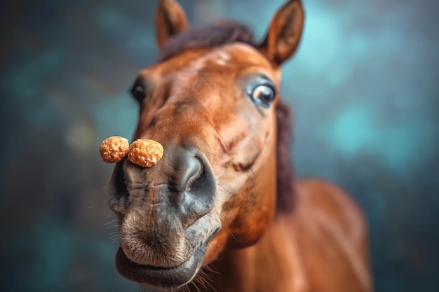 Photo funny horse closeup portrait with snack balancing on snout capturing humorous and whimsical moment