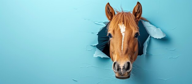 Photo funny horse peeking through a hole in a blue wall