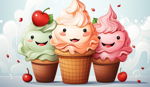 Funny ice creams with smiling faces AI generated