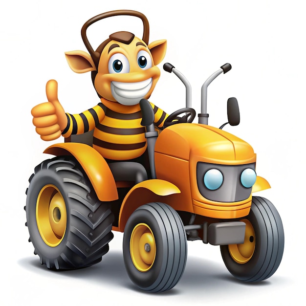 Photo funny illustrated bee driving a tractor showing thumbs down