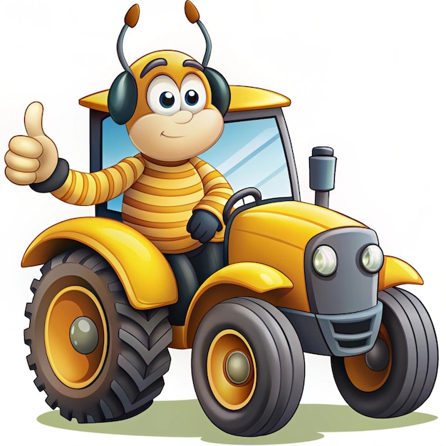 Photo funny illustrated bee driving a tractor showing thumbs down