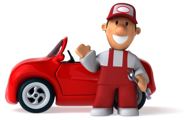 Funny illustrated mechanic man and a car