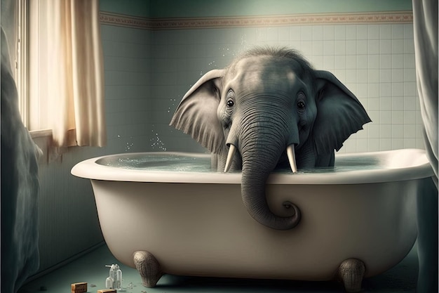 Funny illustration in high resolution elephant takes a shower foam soap shampoo spa pure magic fabulous vintage bathtub tile hot water pachyderm childish poster take care AI