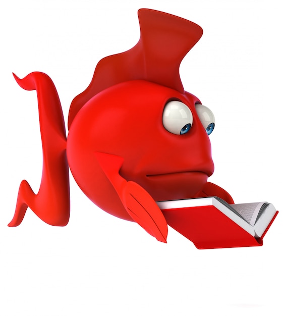 Funny ilustrated red fish reading a book