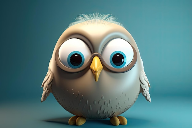 Funny image of a 3D cartoon bird in blue and yellow colors with a blue background Generative AI