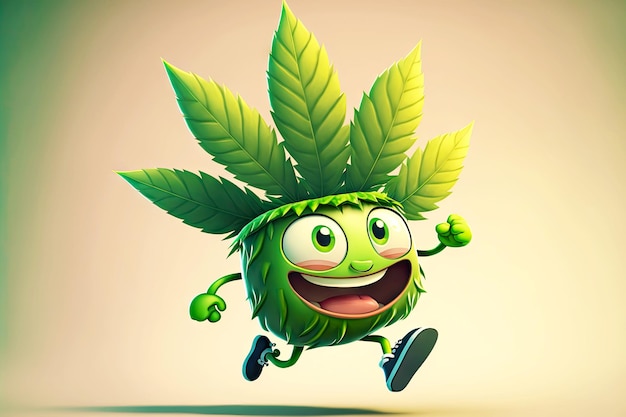 Funny jumping cannabis leaf cartoon character