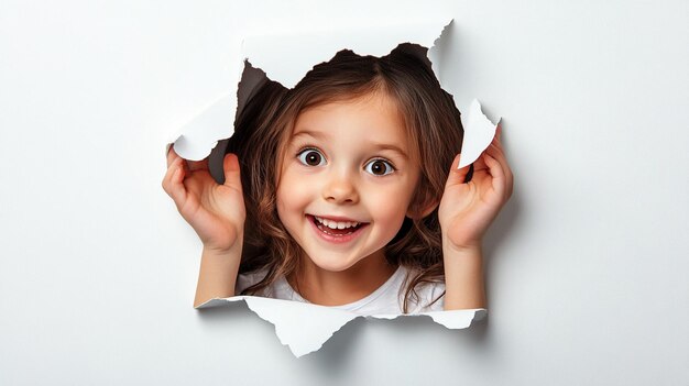 Photo funny kid girl peeking out of hole in paper wall