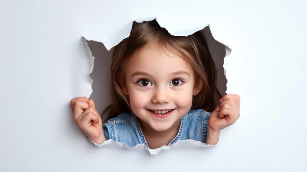 Photo funny kid girl peeking out of hole in paper wall