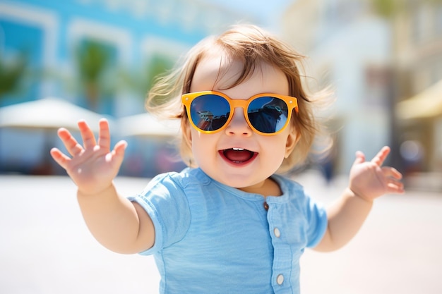 Funny kid girl playing outdoor surprised emotional child in sunglasses 1 years old baby raised