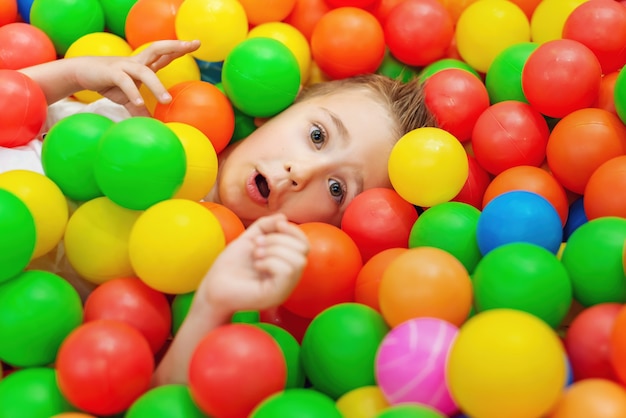 Funny kid in a pool with colorful balls in playing room