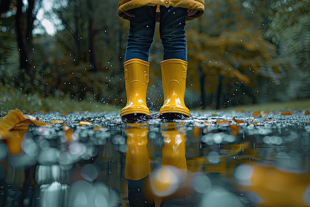 Photo funny kid in rain boots playing in a rain park