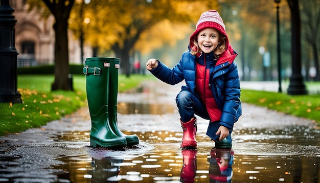 Photo funny kids in rain boots playing in a rainy park