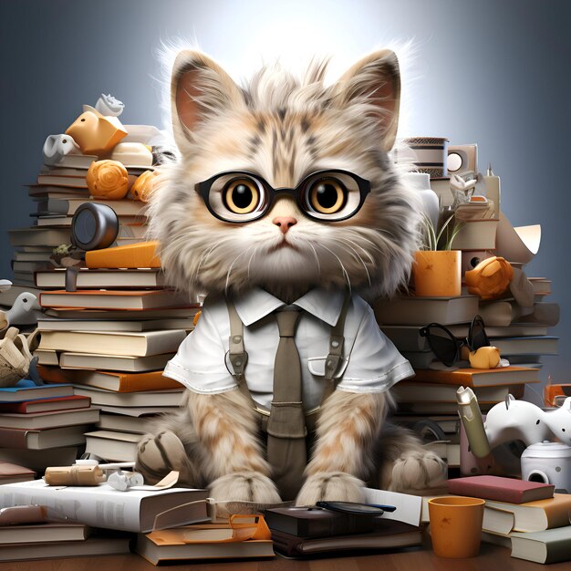 Funny kitten in glasses with books and toys Education concept