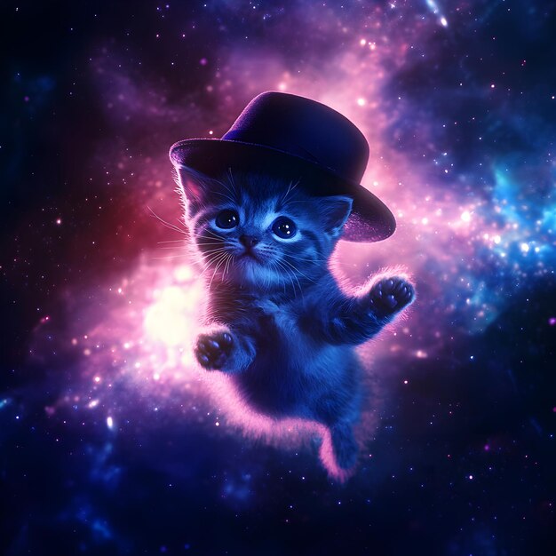 Photo funny kitten in a hat on a background of cosmic space