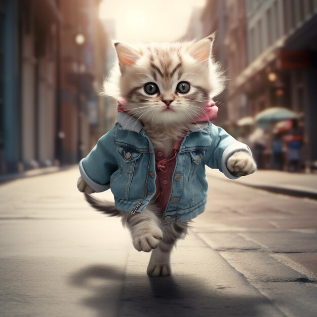 Funny kitten in jeans jacket and hoodie running on the street