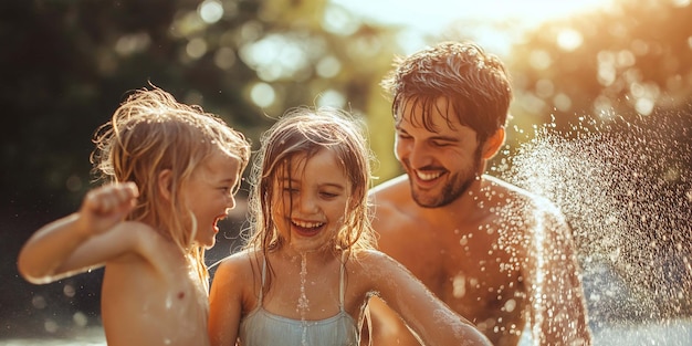 Photo funny little boy with his father playing with garden hose child having fun with spray of water