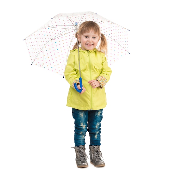 Funny little girl holding umbrella in hand