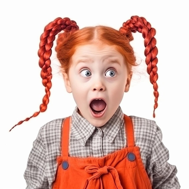 Funny little girl with red pigtails is very surprised amazed her eyes bulged she opened her mouth