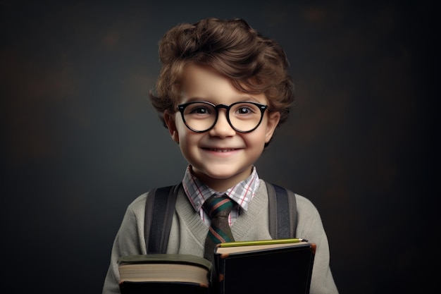 Funny little kid in glasses pointing up on blackboard Child from elementary school