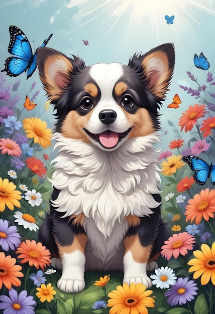 Funny little puppy dog with flowers and butterflies a cute small fluffy magical dog