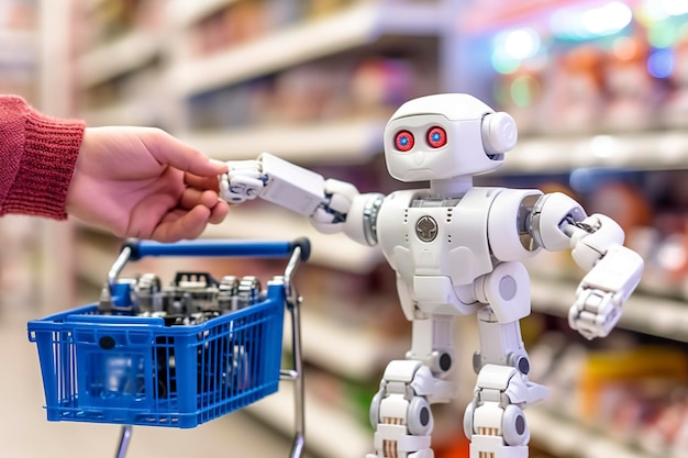 Funny little robot assistant to do the shopping in the supermarket Ai generated