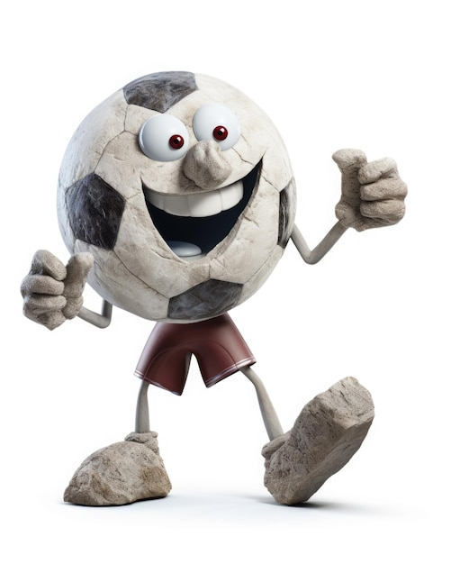 A funny looking mascot made of stone playing soccer