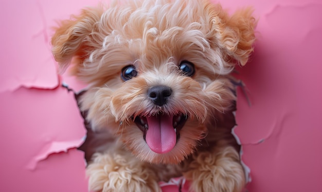 Funny maltipo puppy with tongue sticking out punches a hole with his head in pink paper in studio