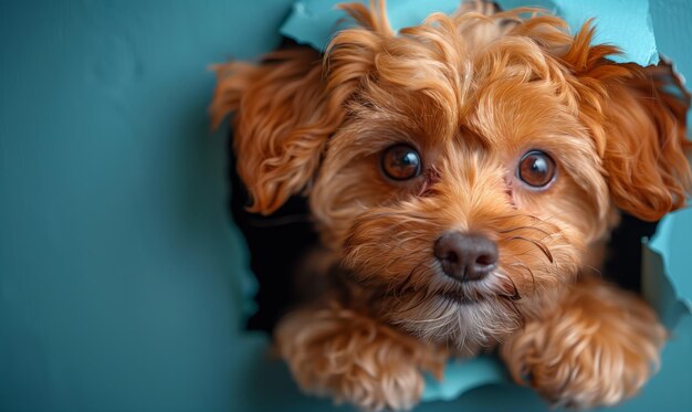 Funny maltipoo puppy punching a hole with his head in blue paper in studio with copy space