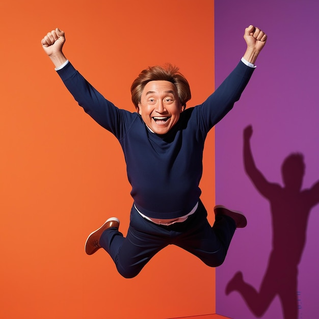 Funny man jumping with raised arms over orange studio background