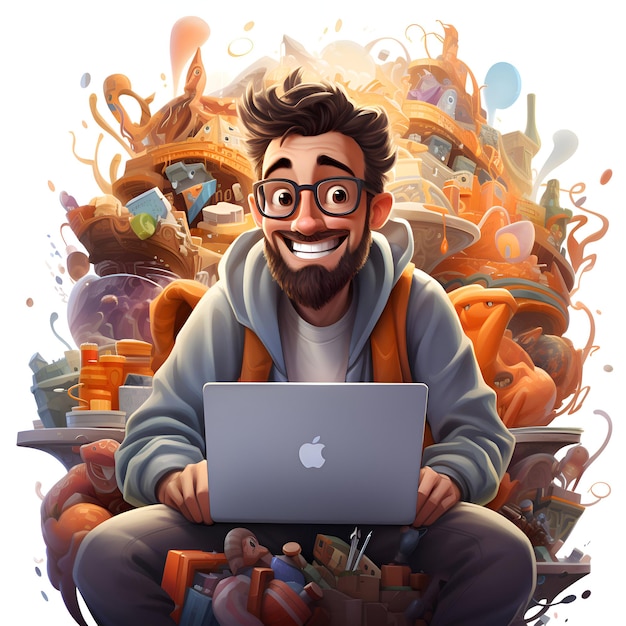 Funny man with a laptop in his hands Digital illustration