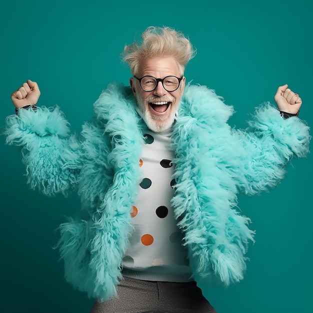 funny mature guy smiling dancing isolated color background