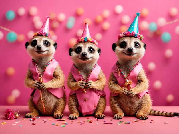 Funny meerkats at a party on a pink background for a postcard